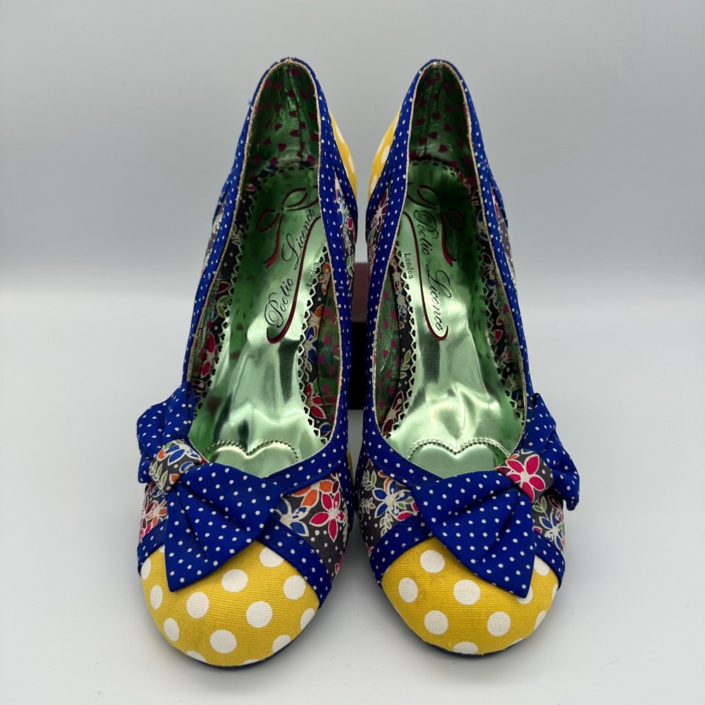 Poetic Licence Polka Dot Floral Bow Kitten Heels Blue Yellow 6.5